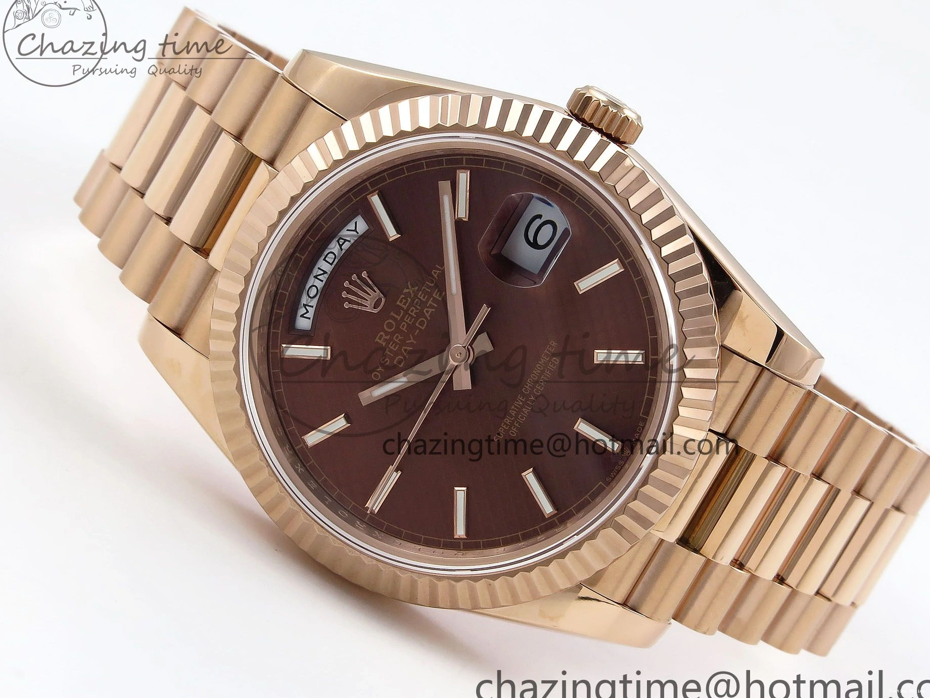 0125 SunProtective Day Date 40 RG JDF 904L Steel Brown Textured Stick Dial on President Bracelet VR3255 V3 (Gain Weight) 1359
